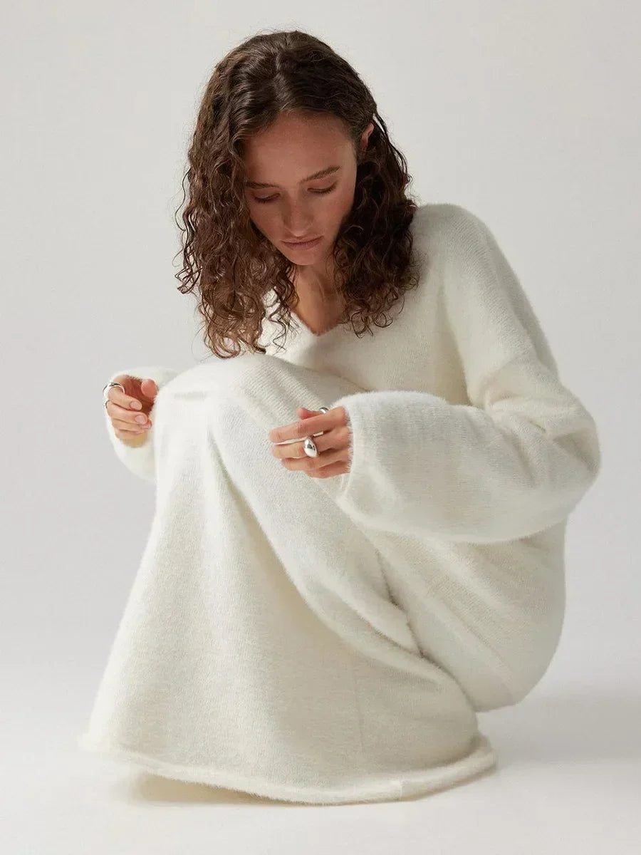 Blubelle Dames Casual 2-Delige Set – Herfst/Winter Gebreide V-Hals Trui & Enkellange Rok