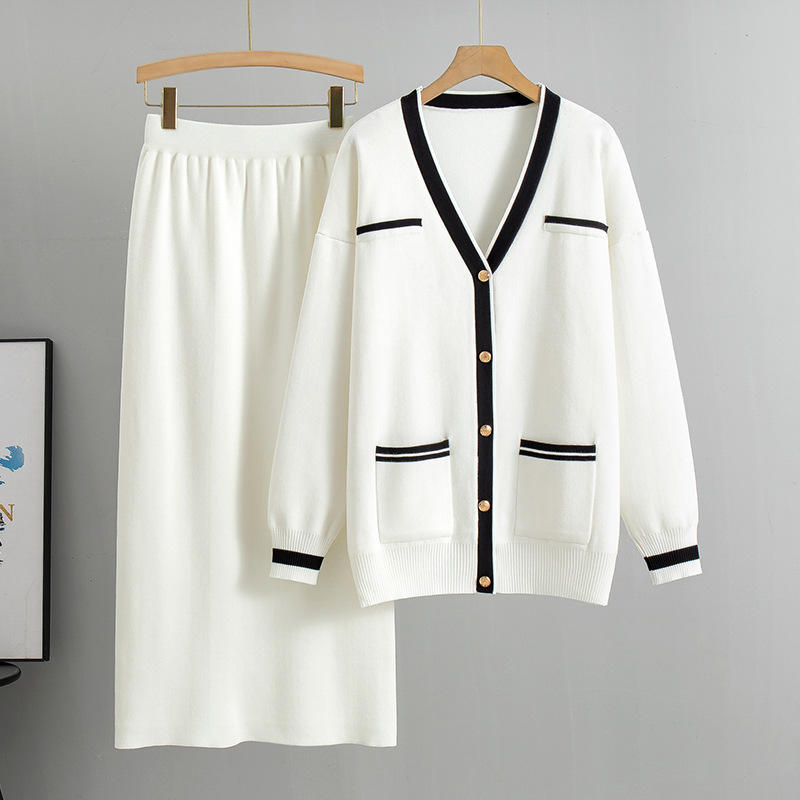 Dames Warme Gebreide 2-Delige Set – Effen Midi Vest & Rok