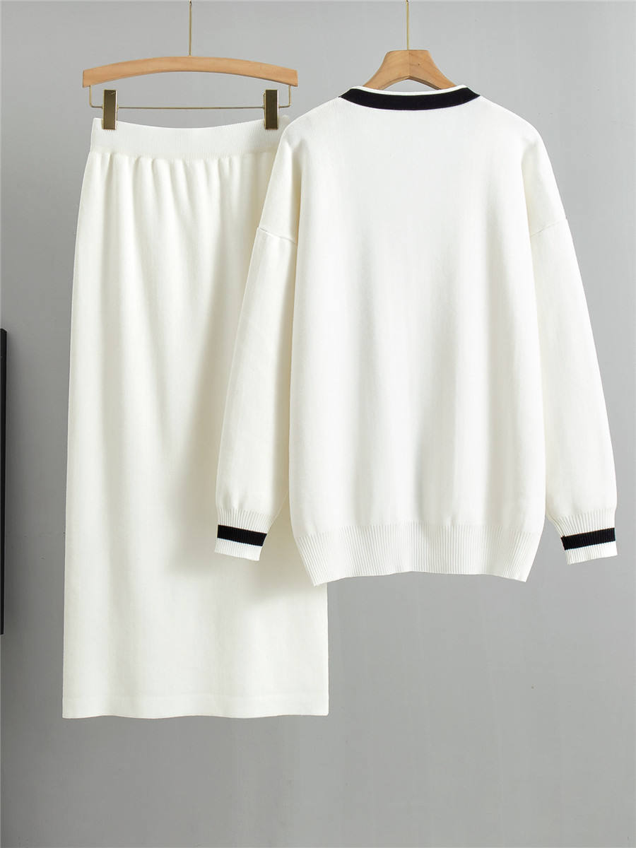 Dames Warme Gebreide 2-Delige Set – Effen Midi Vest & Rok