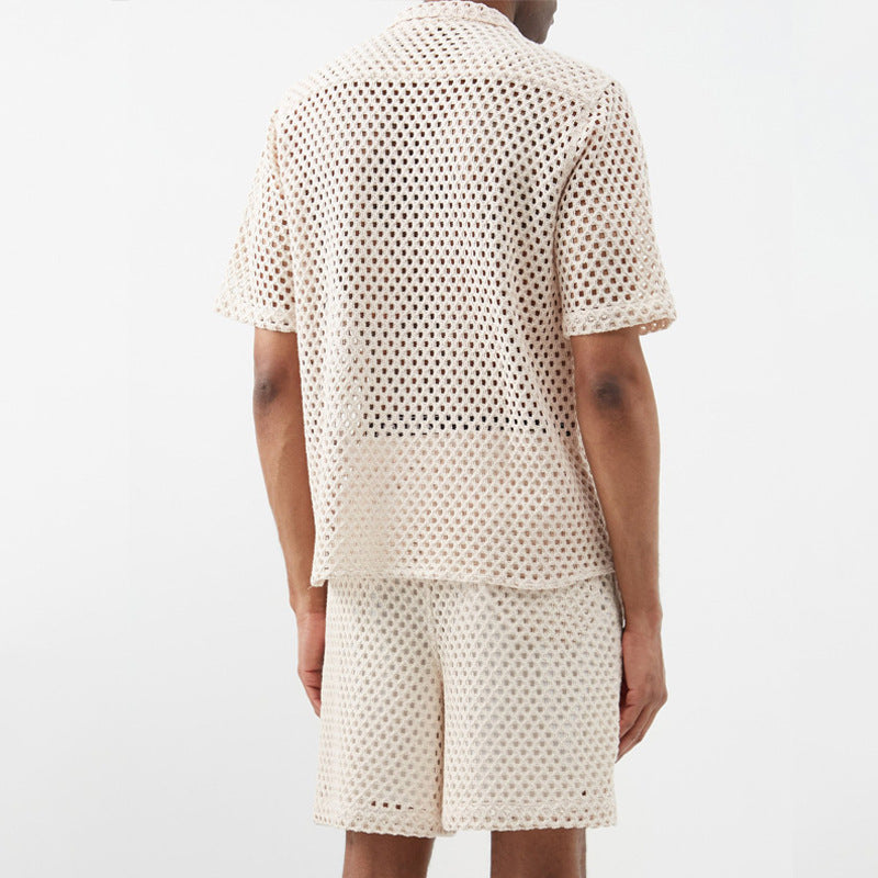 Heren Gebreide Polo met Korte Mouwen – Zomer Katoenen Shirt met Opengewerkt Design