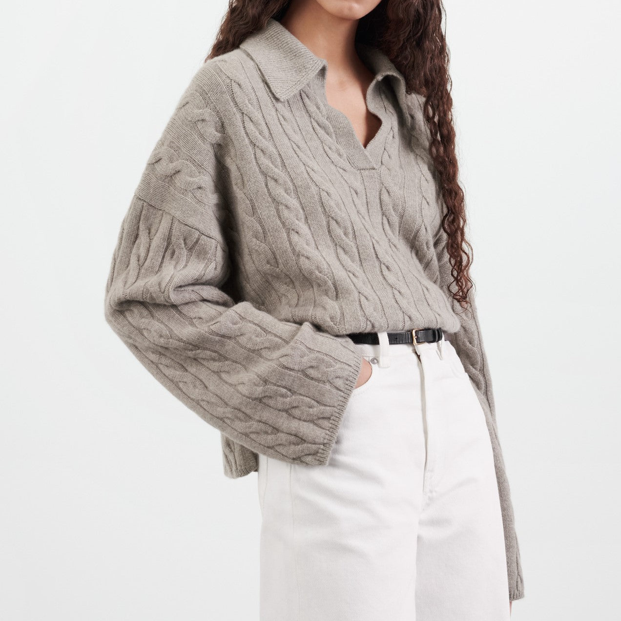 Dames Kasjmier Kabeltrui met Polo Kraag