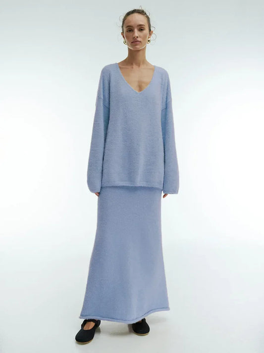 Blubelle Dames Casual 2-Delige Set – Herfst/Winter Gebreide V-Hals Trui & Enkellange Rok